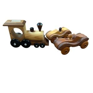 Vintage Handmade Wooden Toy Vehicles Race Cars Amish Train Coin Bank + 2 Drivers